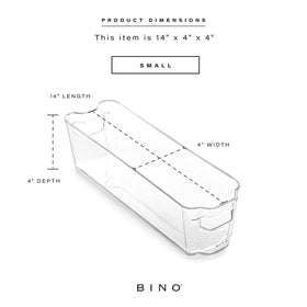 BINO clear stackable bin on shelf highlights space-saving design.