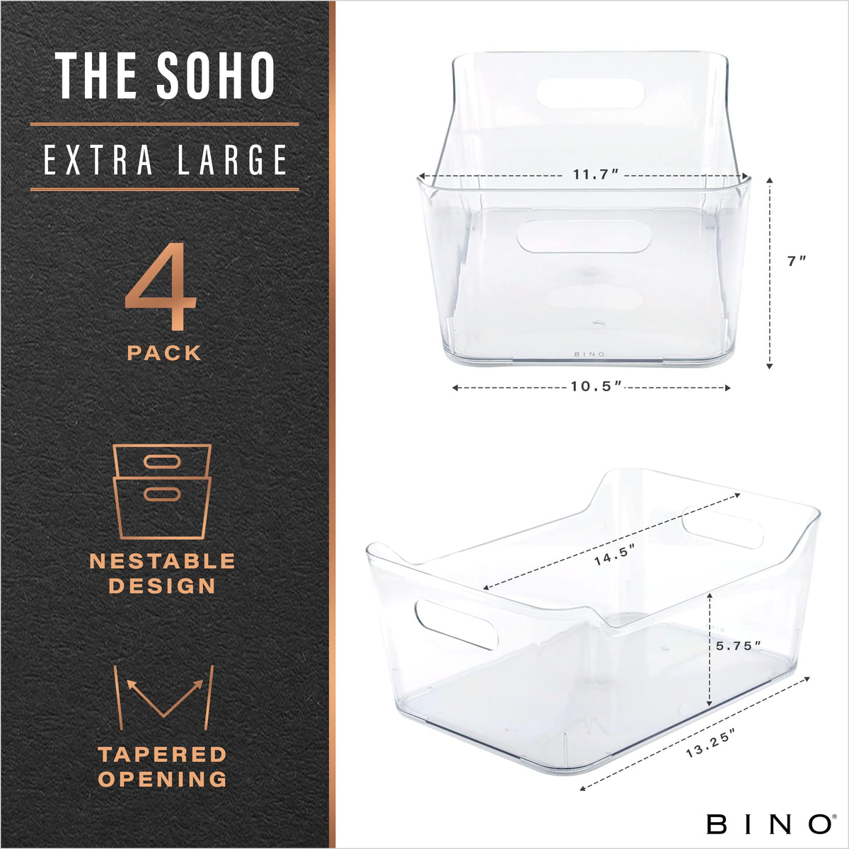 BINO X-Large 4-pack pantry bin side view demonstrates compact, space-saving storage