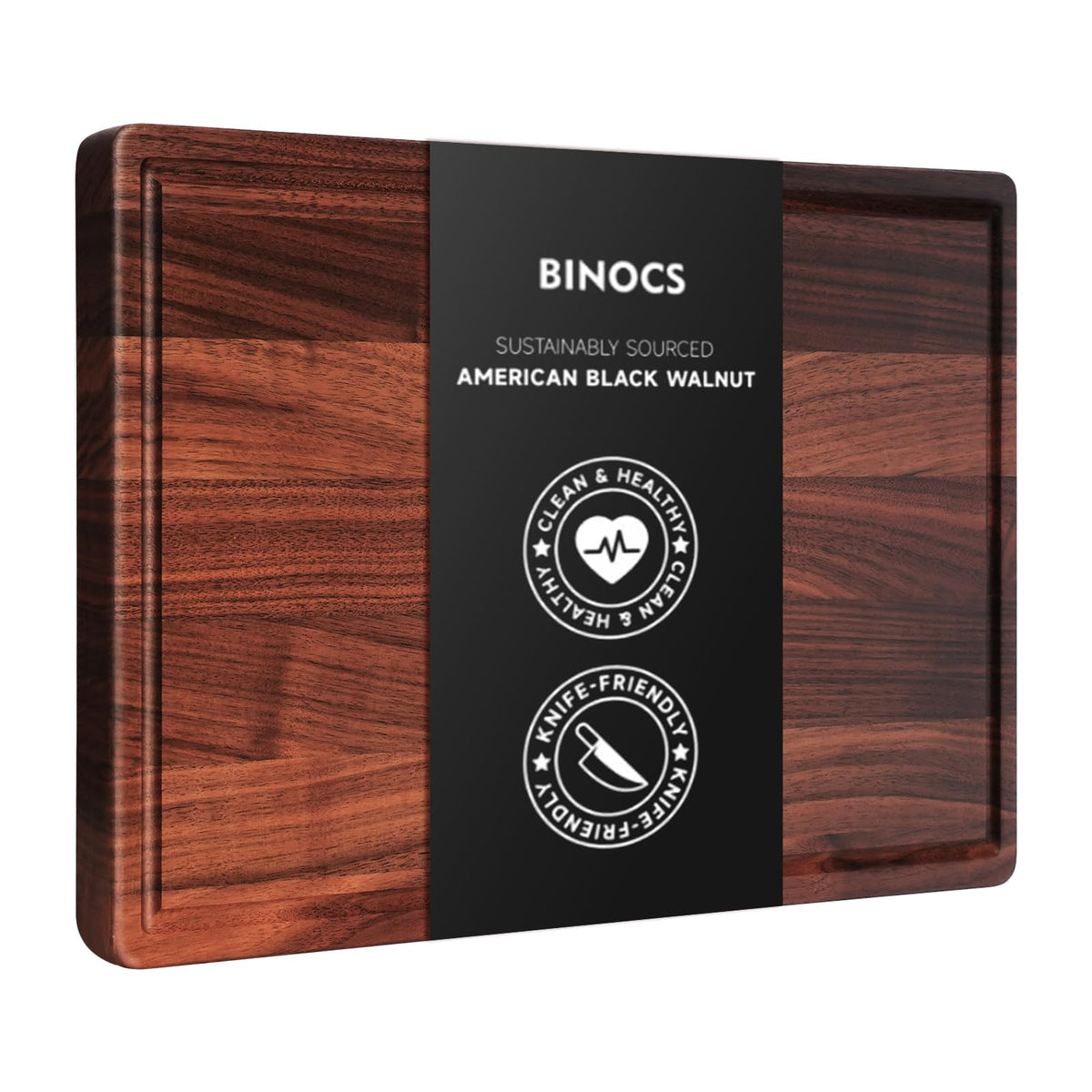 BINOCS walnut cutting board top view, ideal prep surface for daily slicing.