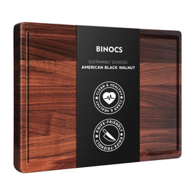BINOCS walnut cutting board top view, ideal prep surface for daily slicing.