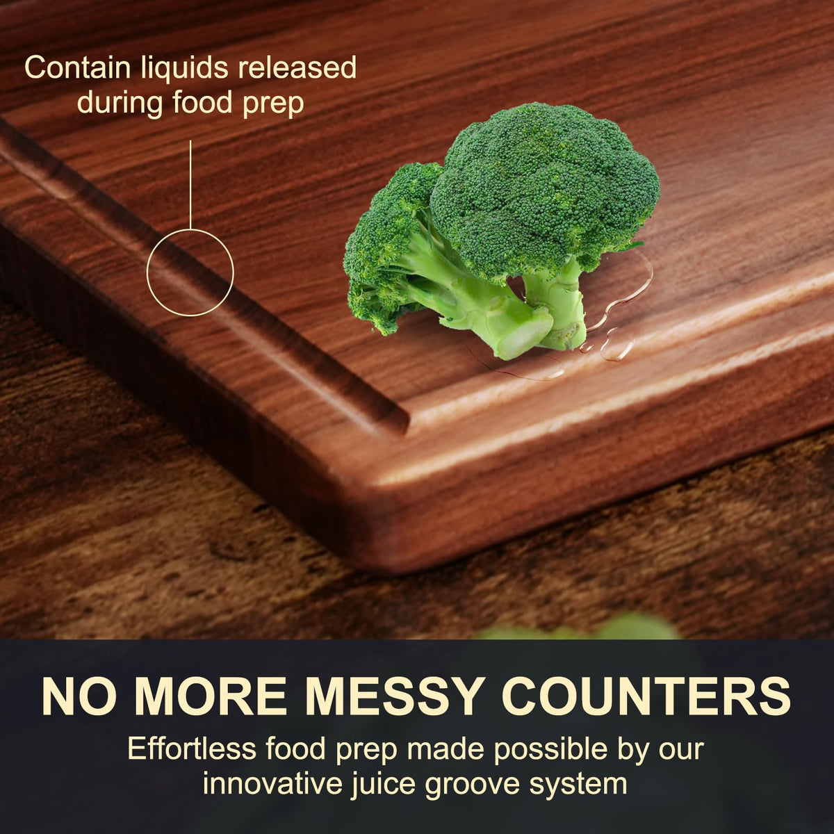BINOCS walnut cutting board easy-clean surface for quick cleanup after meals.