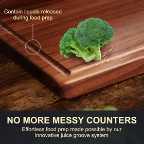 BINOCS walnut cutting board easy-clean surface for quick cleanup after meals.