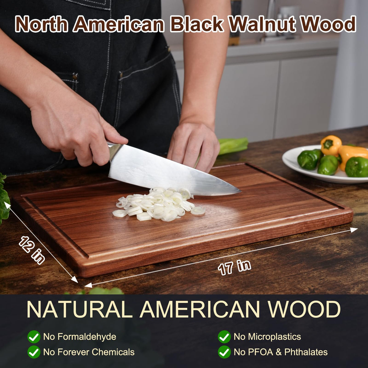 BINOCS walnut cutting board meat-prep view highlights sturdy chopping surface.
