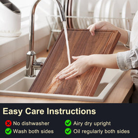BINOCS walnut cutting board rounded-edges show comfortable grip during prep.