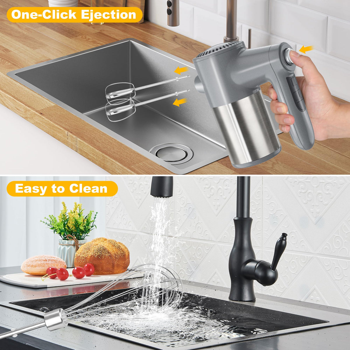 BinROC cordless hand mixer anti-splash design with a quiet motor.