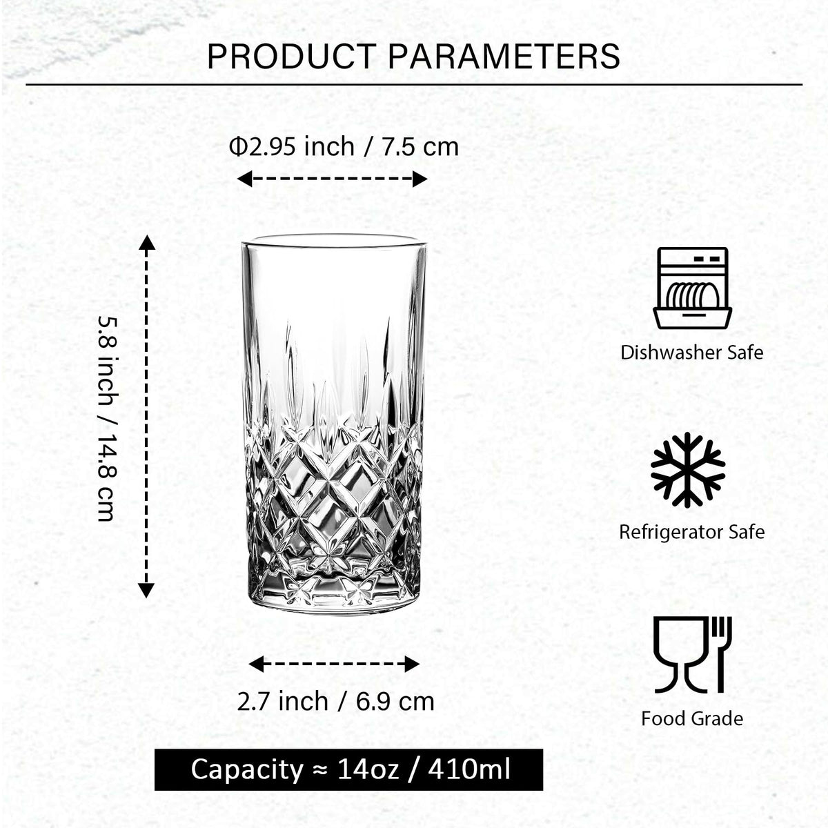 Binsakao highball glasses etched design adds sophistication to table settings.