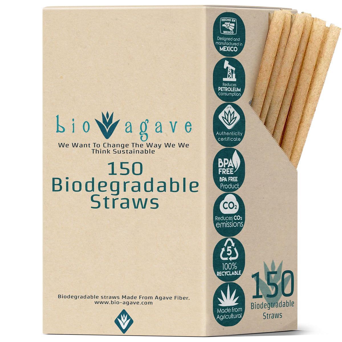 BIO AGAVE box with 150 biodegradable agave-fiber straws for eco-friendly events.