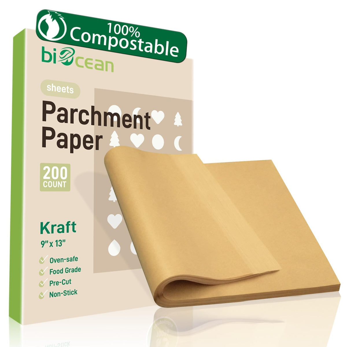 Biocean precuts 9x13in parchment sheets in a ready-to-use package for baking