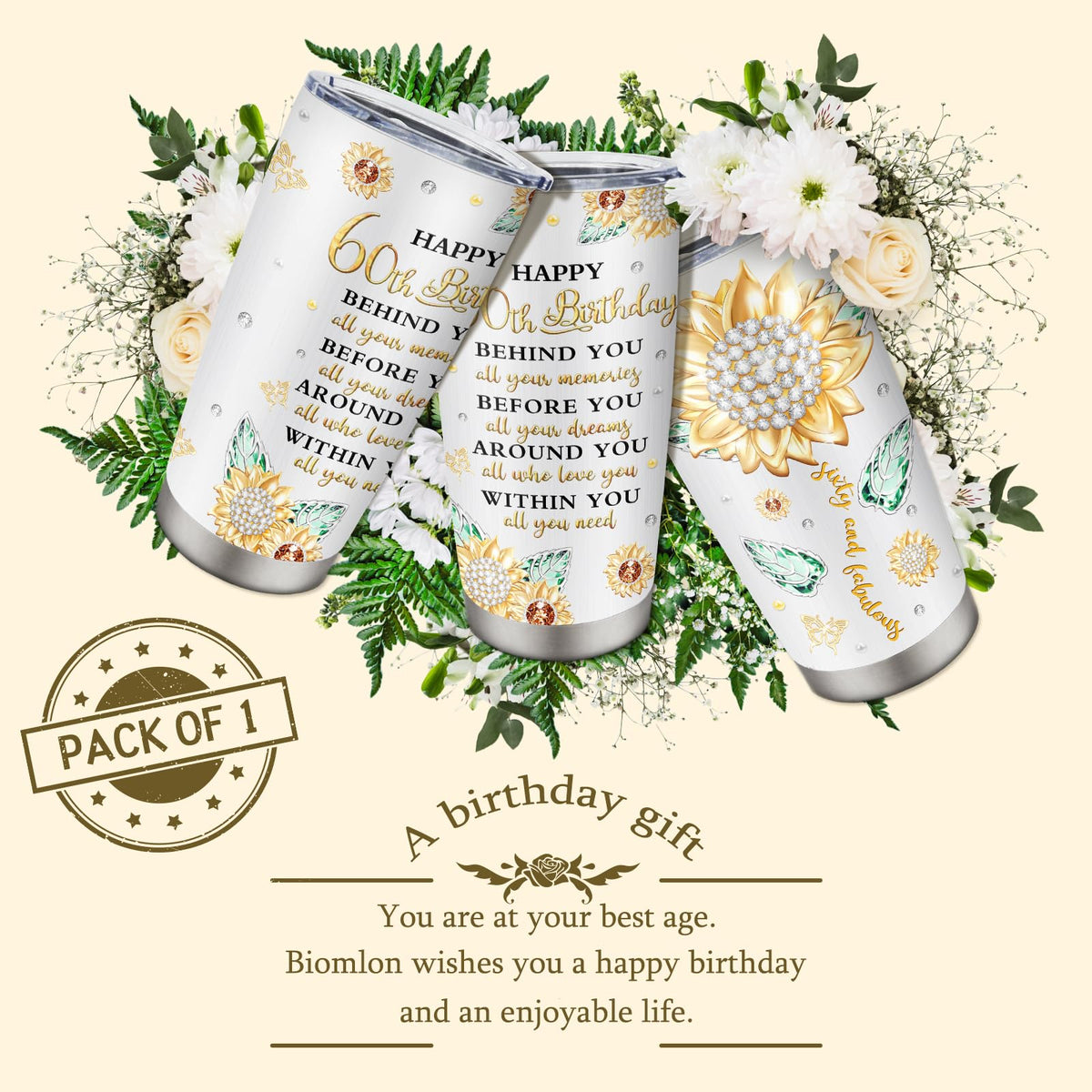 Biomlon 60th birthday tumbler lid, airtight to prevent splashes on the go.