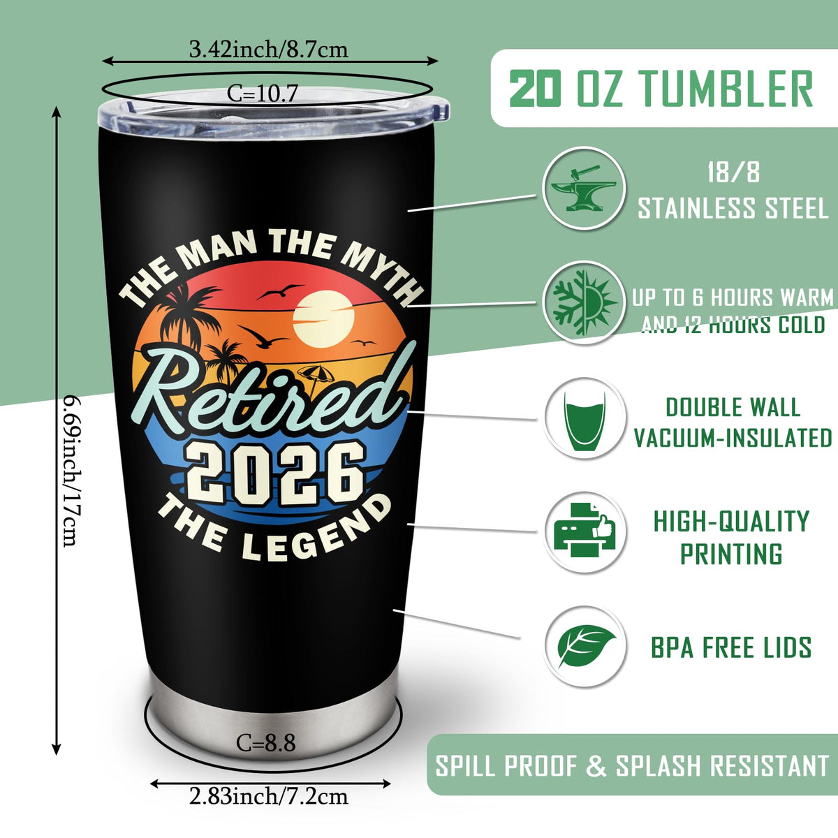Biomlon retirement tumbler cup-holder-fit ensures easy travel from desk to car.