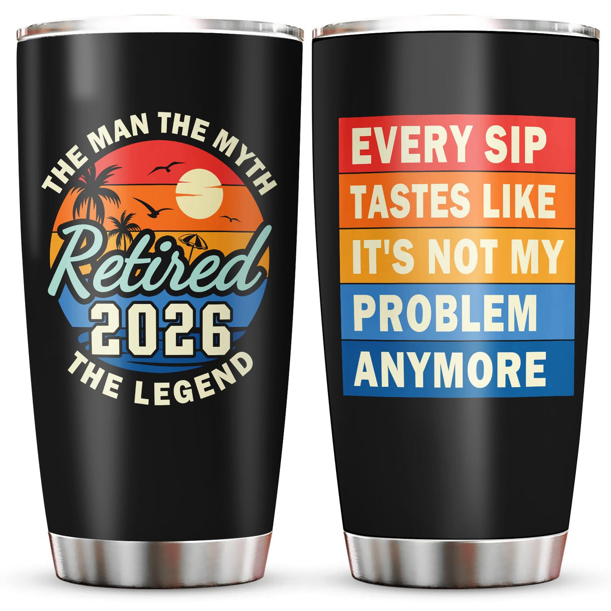 Biomlon retirement tumbler top view showcases sleek black finish for on-the-go hydration.