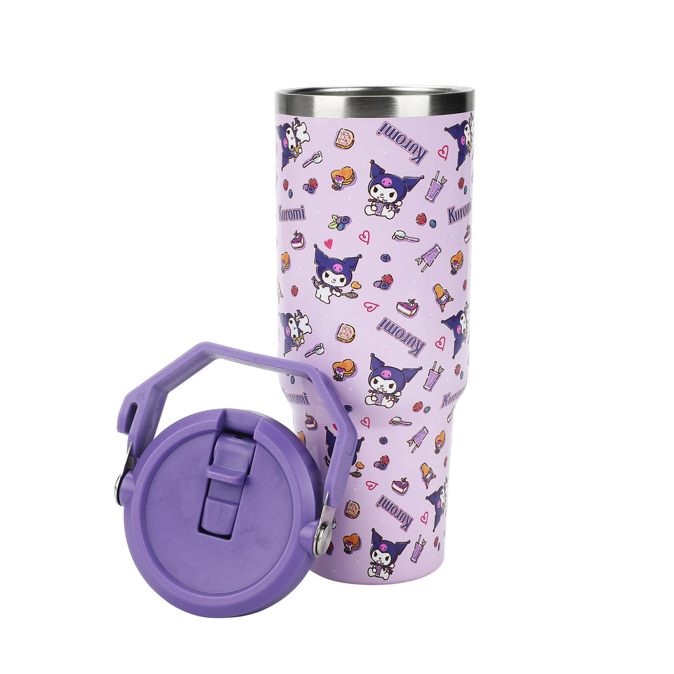 Bioworld Kuromi 40oz tumbler with handle and purple print for on-the-go hydration.