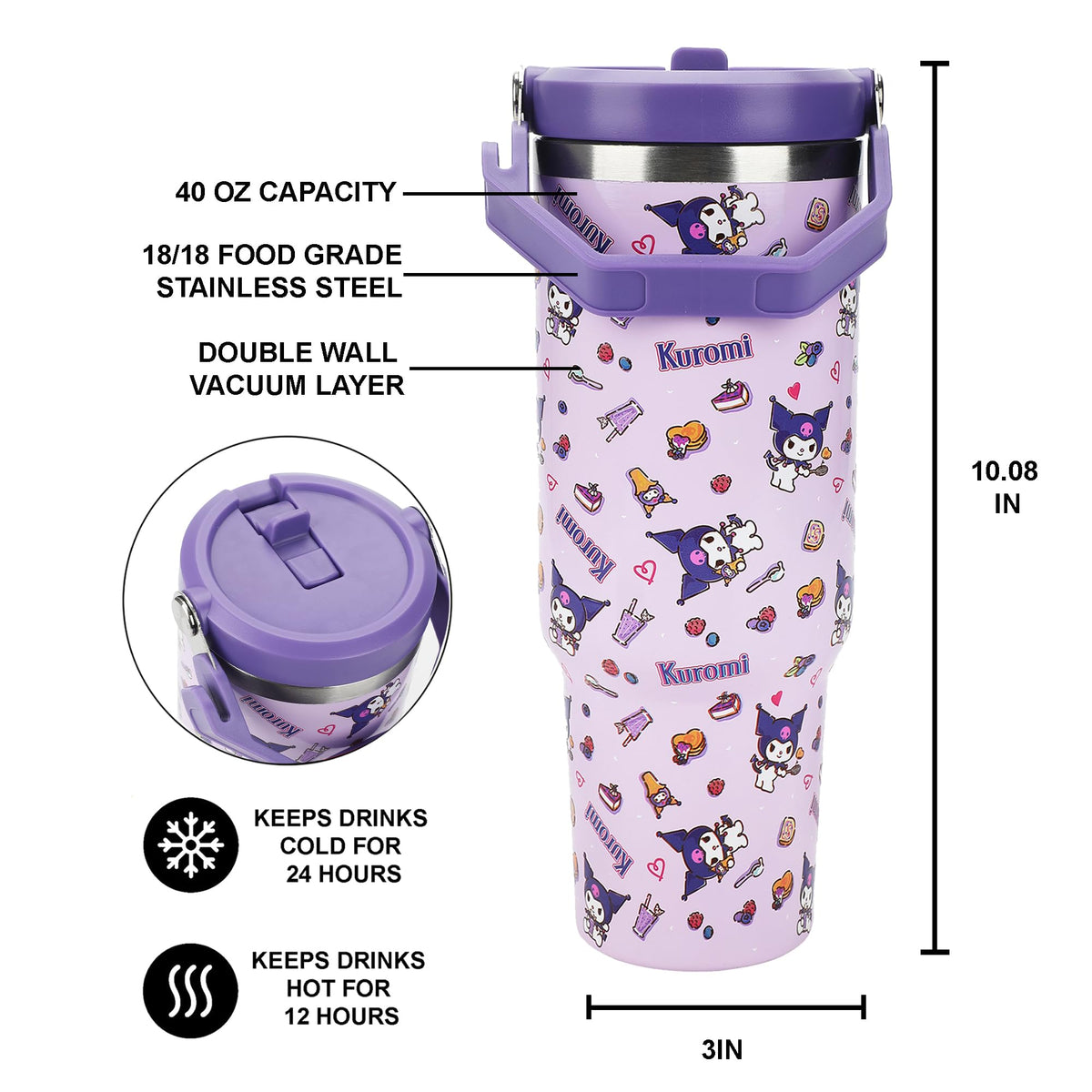 Bioworld Kuromi double-wall vacuum keeps drinks hot or cold for hours.