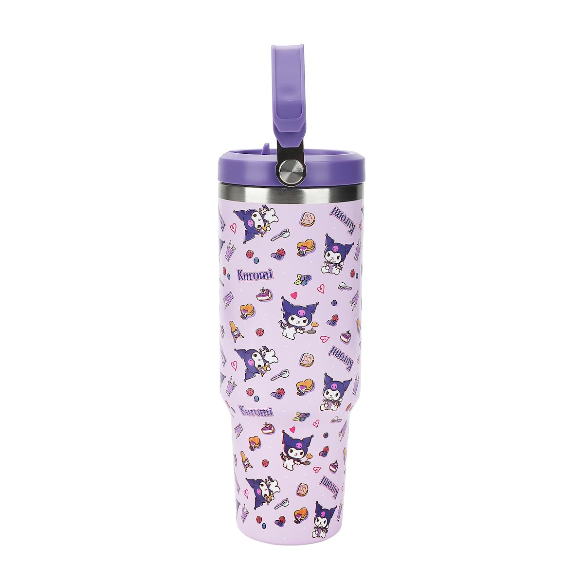 Close-up of Bioworld Kuromi tumbler flip straw lid for easy sipping.