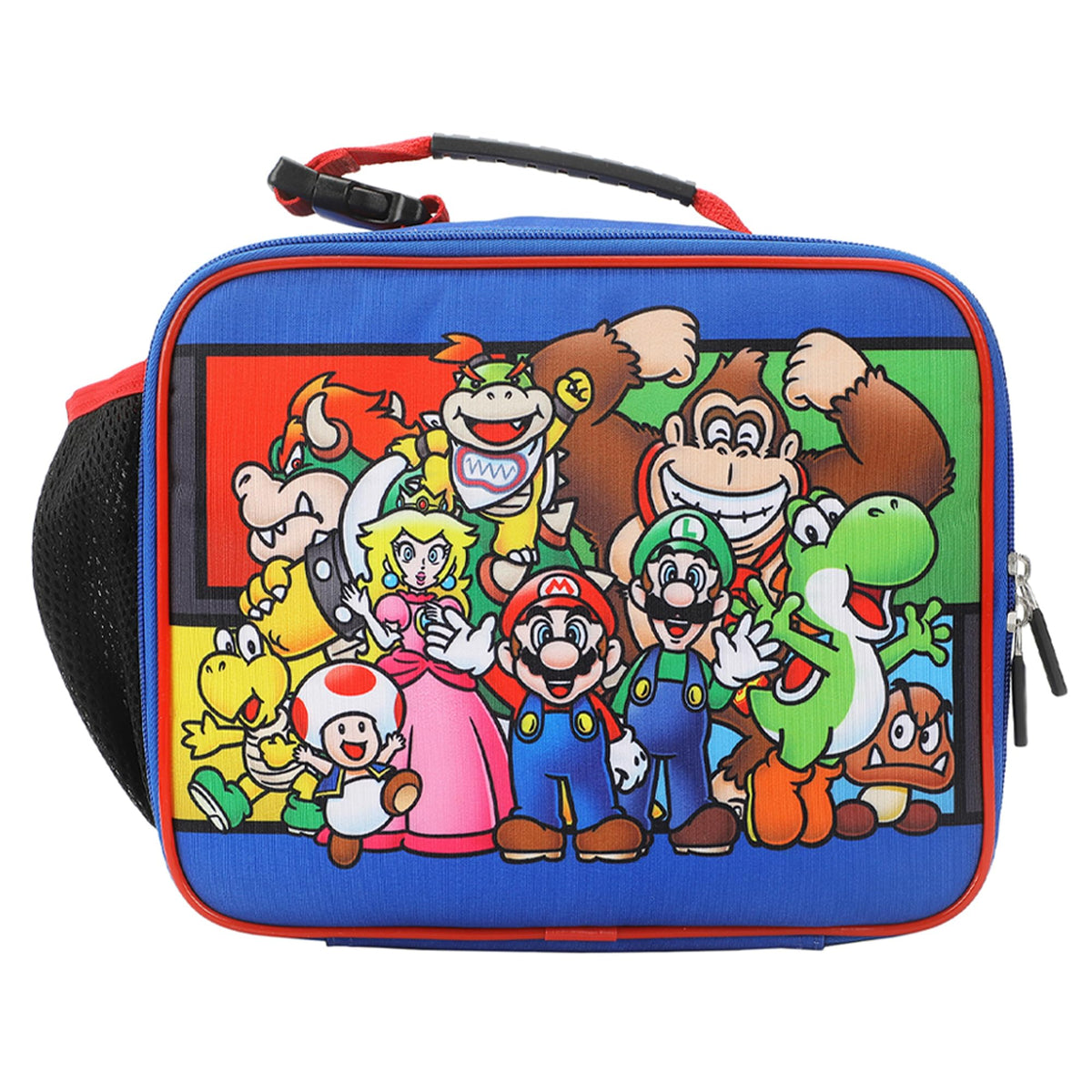 Bioworld Super Mario lunchbox with favorite characters graphic keeps lunch fresh during midday meals.