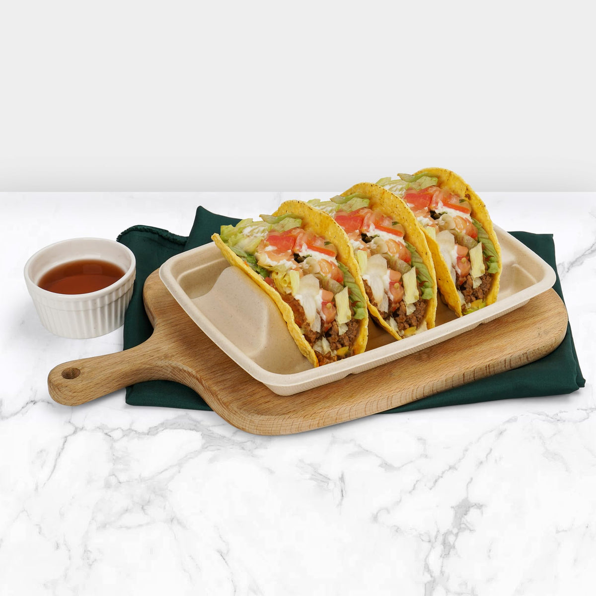 BIRCHIO leakproof disposable dinnerware reduces spills during busy taco Tuesday.