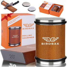 BIRDBAK rolling sharpener at 15-degree angle for precise kitchen edge.