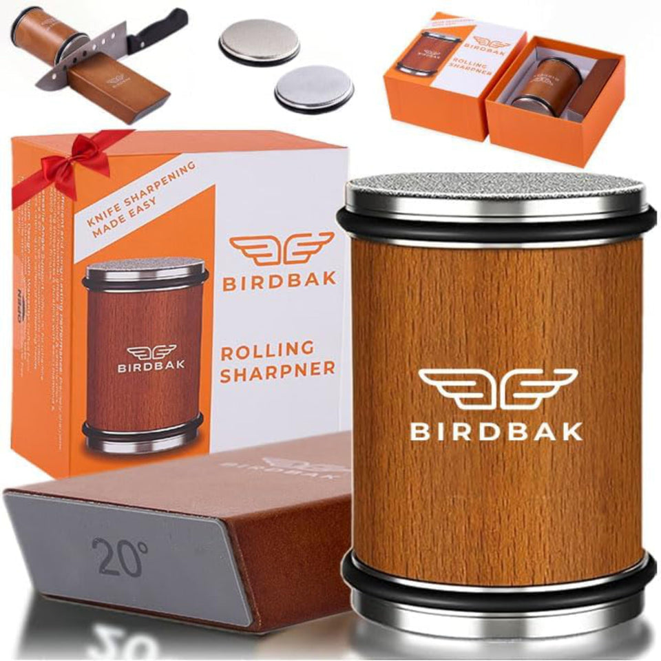 BIRDBAK rolling sharpener at 15-degree angle for precise kitchen edge.