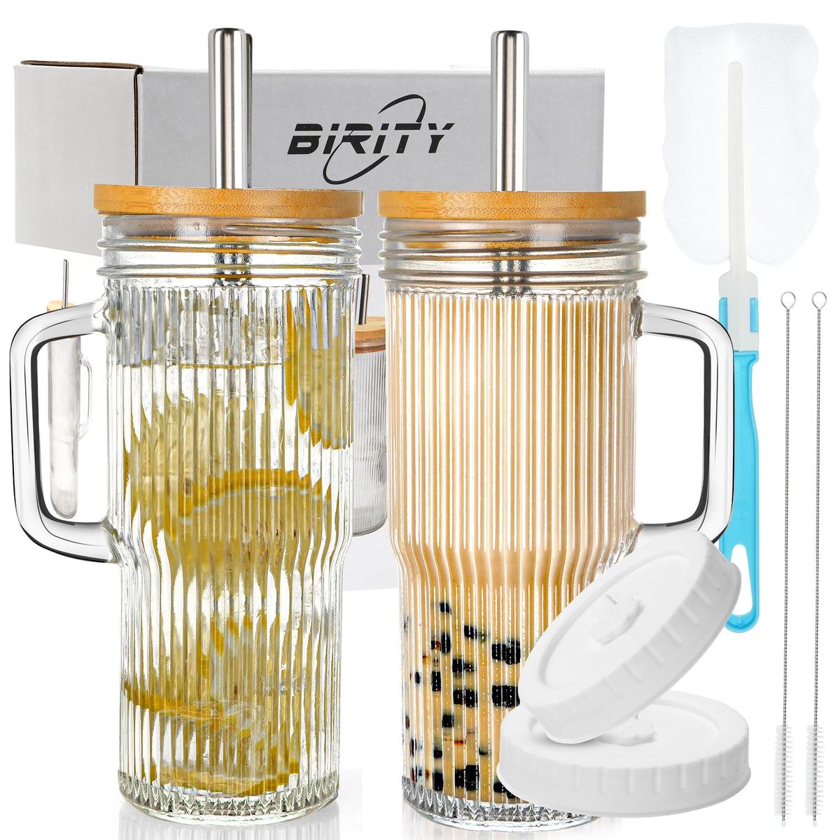 Birity 24oz ribbed glass cup with handle offers a secure on-the-go grip.