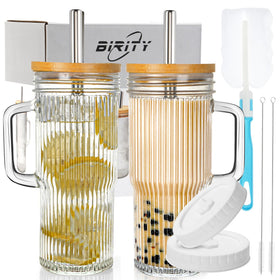 Birity 24oz ribbed glass cup with handle offers a secure on-the-go grip.