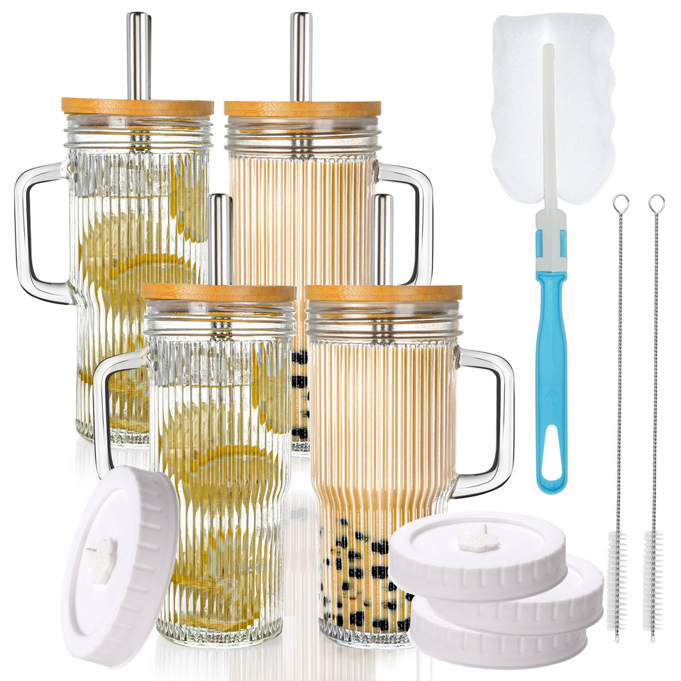 Birity 24oz ribbed glass tumbler with handle showing secure grip.