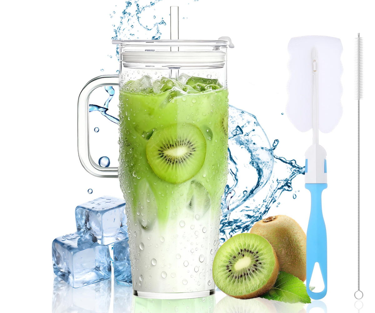 Birity 40oz borosilicate glass tumbler with handle and lid for on-the-go beverages