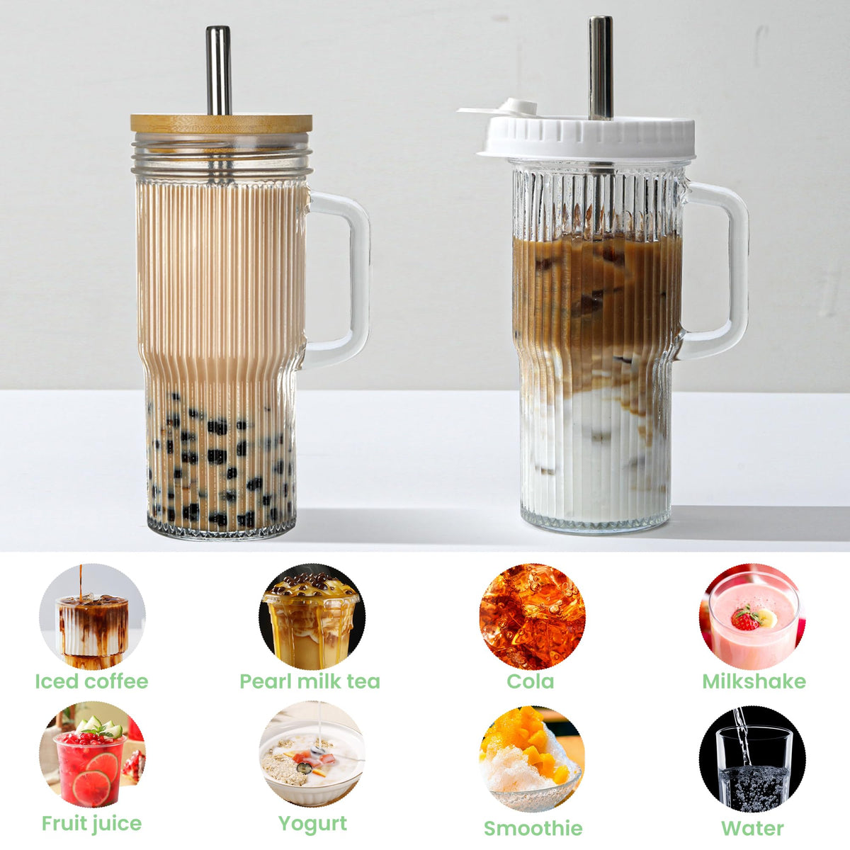Birity 24oz glass cup with straw promotes hydration on the go.