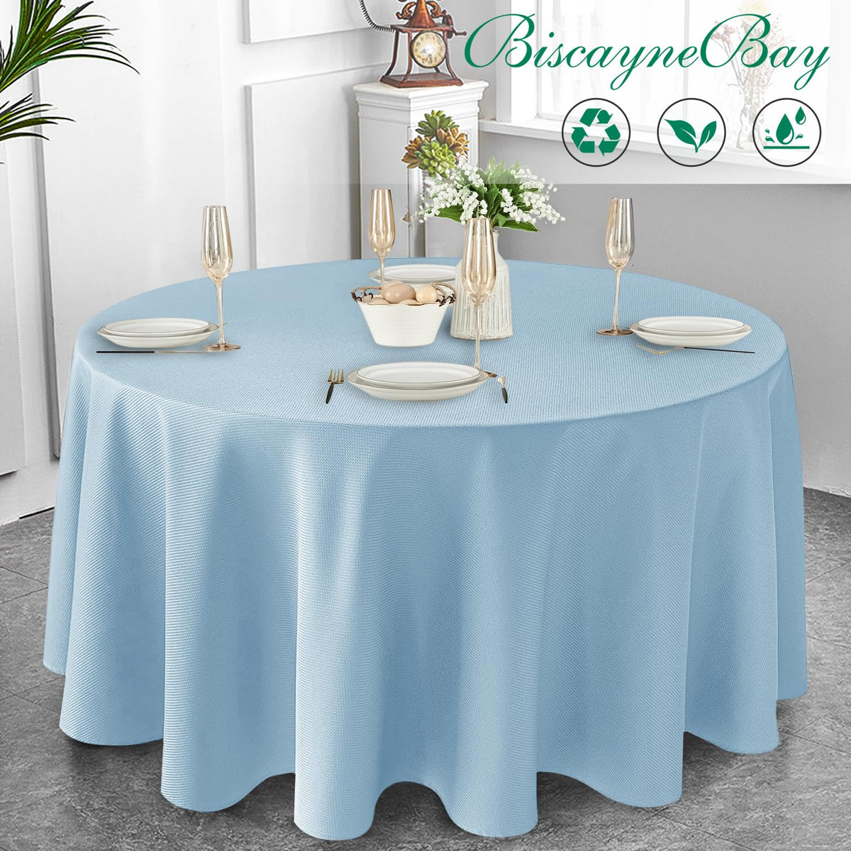 Biscaynebay 90-inch round tablecloth ideal for outdoor garden parties and patio dining.
