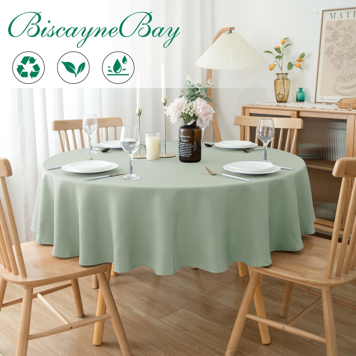 Biscaynebay round tablecloth sage water-resistant close-up for easy cleanup.