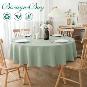 Biscaynebay round tablecloth sage water-resistant close-up for easy cleanup.