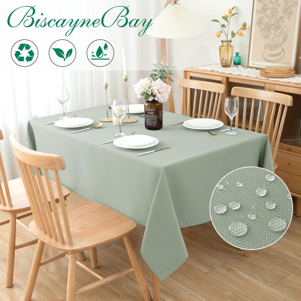 Biscaynebay Sage tablecloth drapes beautifully across dining tables for refined meals.