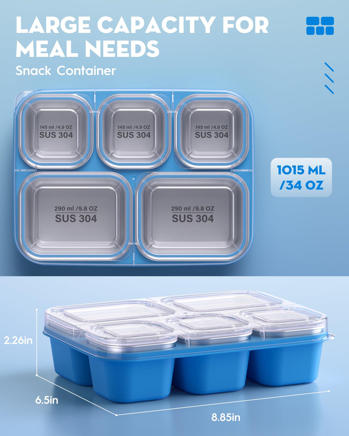BiuLeon Snackle Box blue lid open demonstrates easy access to portions.