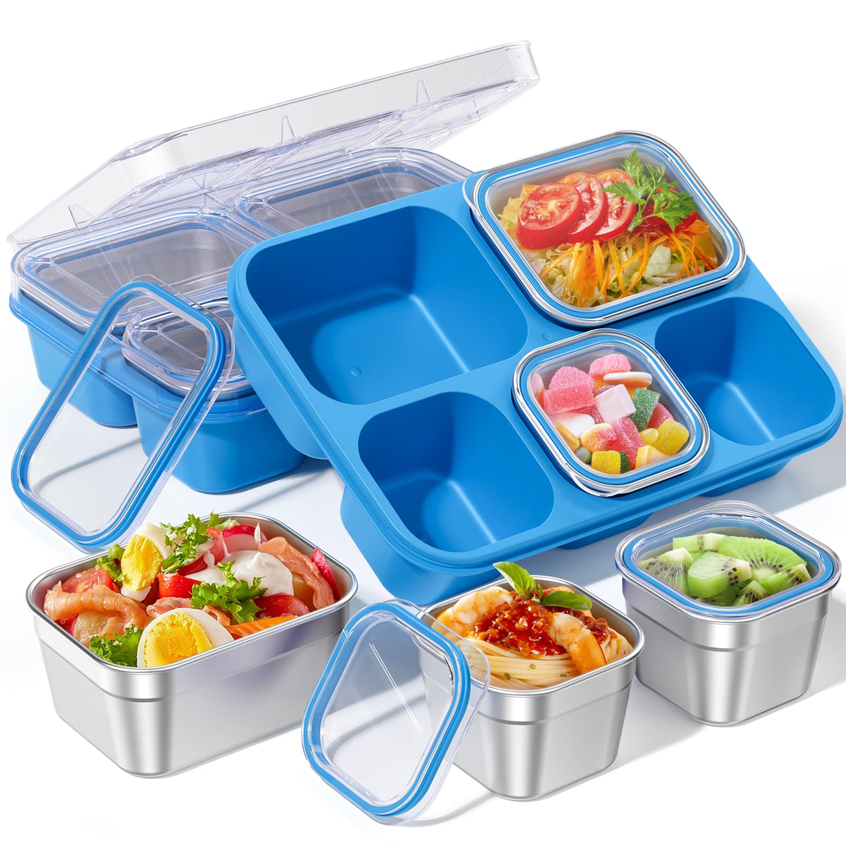 BiuLeon Snackle Box blue outer view showing five compartments for organized snacks.