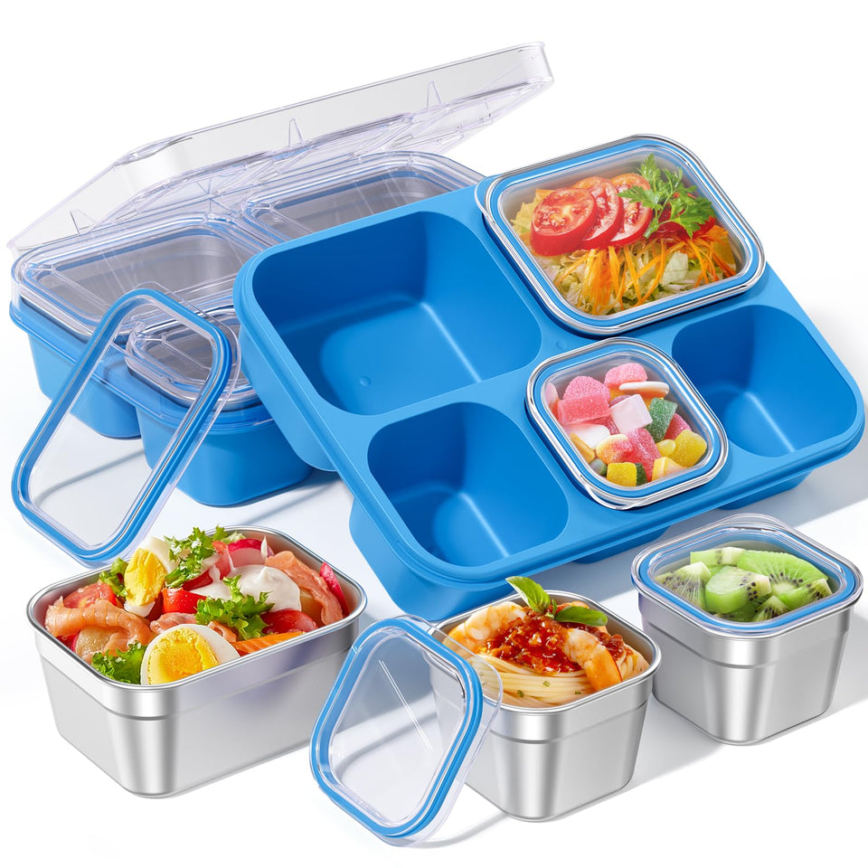 BiuLeon Snackle Box blue outer view showing five compartments for organized snacks.
