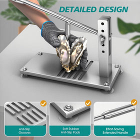 Extended pry-stick handle speeds oyster opening with minimal effort.