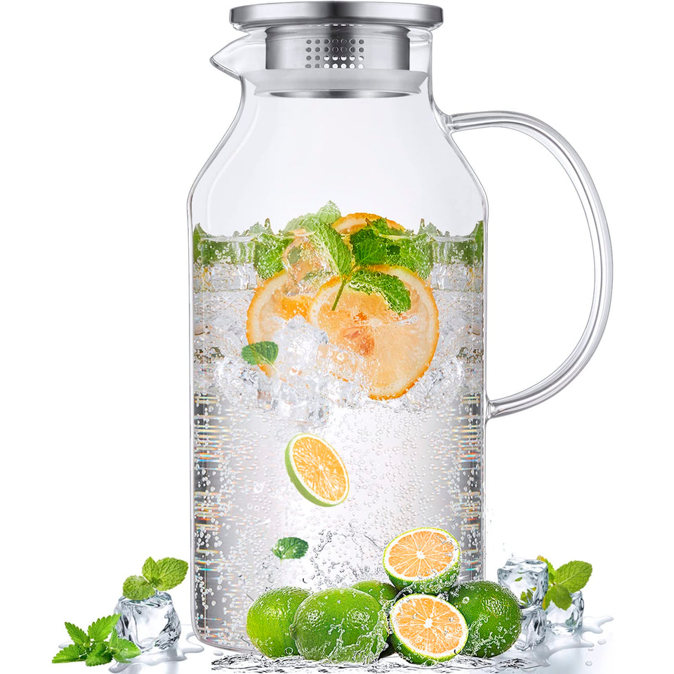 Bivvclaz 2.6L glass pitcher with lid and handle for versatile beverage serving.