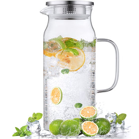 Bivvclaz 2L glass pitcher with lid and handle, ideal for serving water at gatherings.