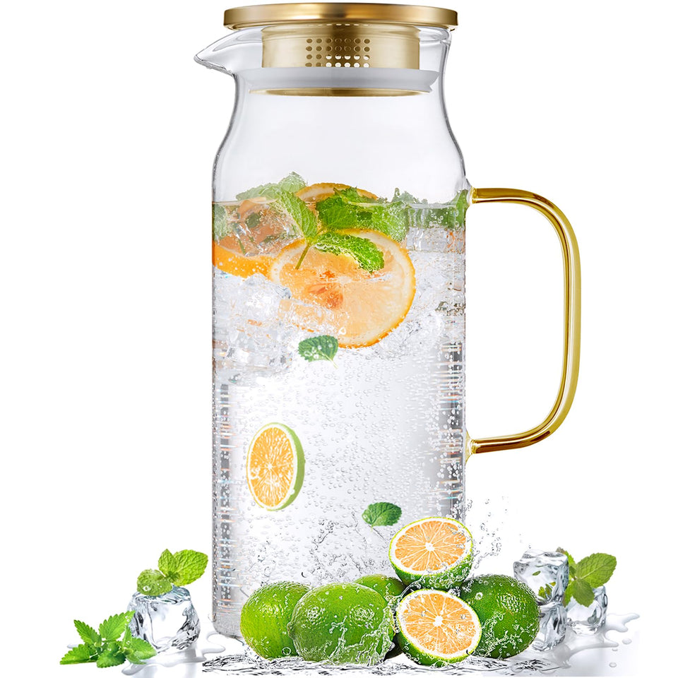 Bivvclaz 2L gold glass pitcher with lid and handle for easy serving.