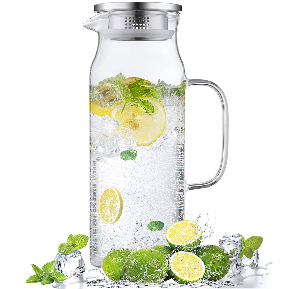 Bivvclaz 54 oz glass pitcher with lid and handle for easy pouring and fridge storage.