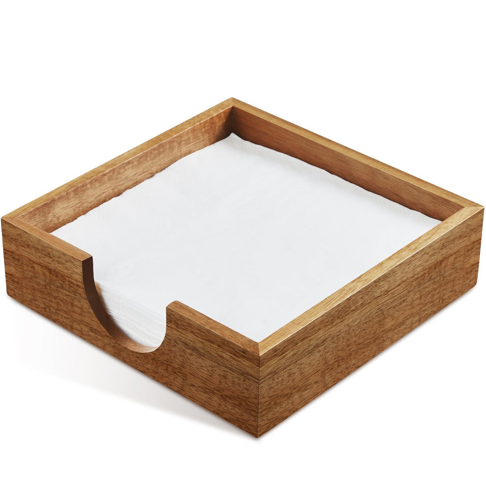 Bivvclaz Acacia napkin holder on a table for easy napkin access.