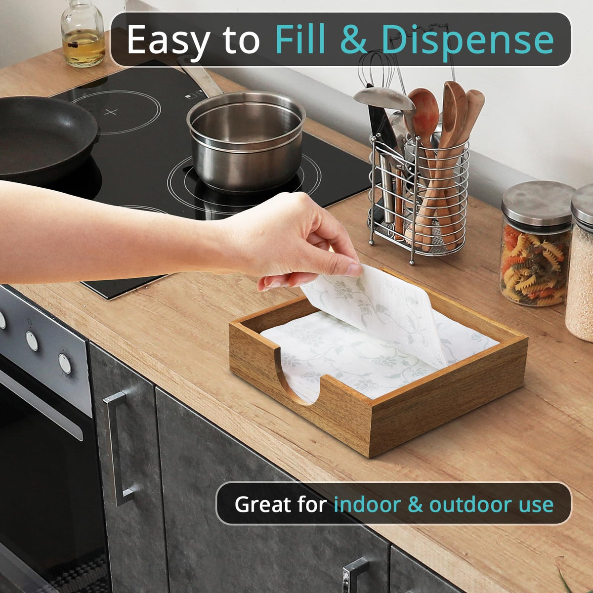 Bivvclaz Acacia napkin holder placed on dining table complements casual and formal settings.