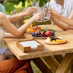 Gift-ready Bivvclaz Acacia napkin holder suitable for holidays and parties.