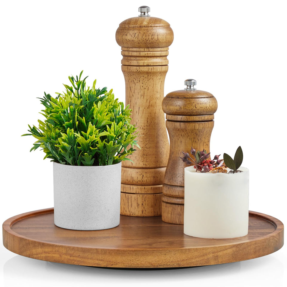 Bivvclaz acacia wood Lazy Susan on countertop used as rotating center tray