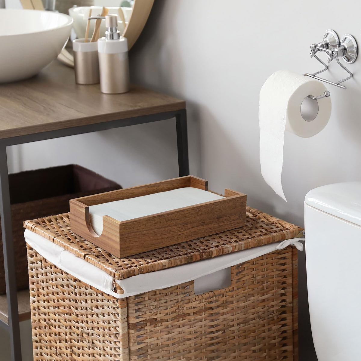 Bivvclaz acacia wood napkin holder detail showing natural finish and durability.