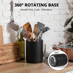 Bivvclaz acacia wood utensil holder with natural finish adds warmth.
