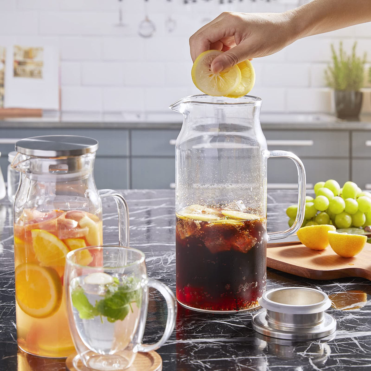 Bivvclaz iced-tea pitcher ready for fridge cooling and serving.