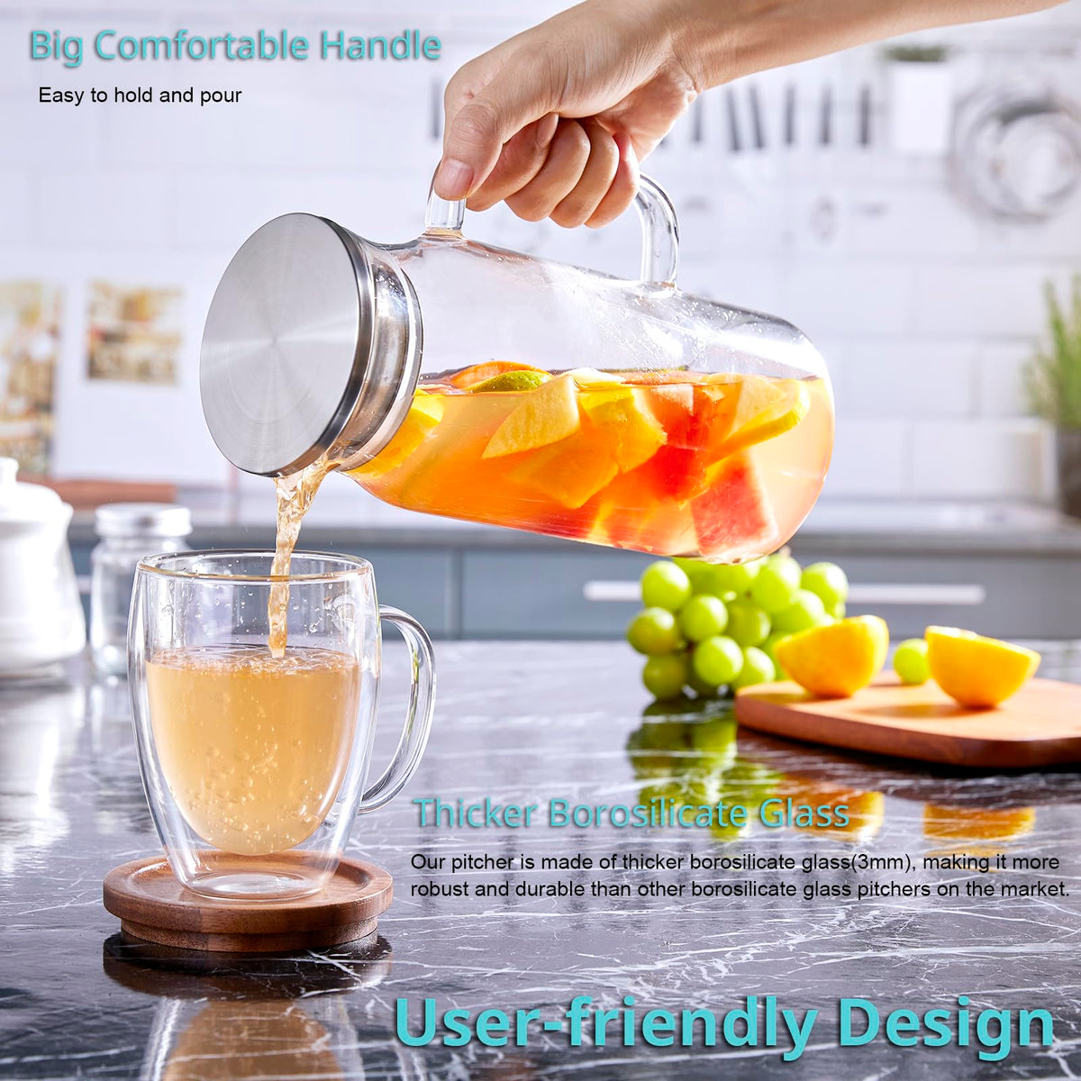 Bivvclaz pitcher close-up highlighting borosilicate durability for hot and cold use.