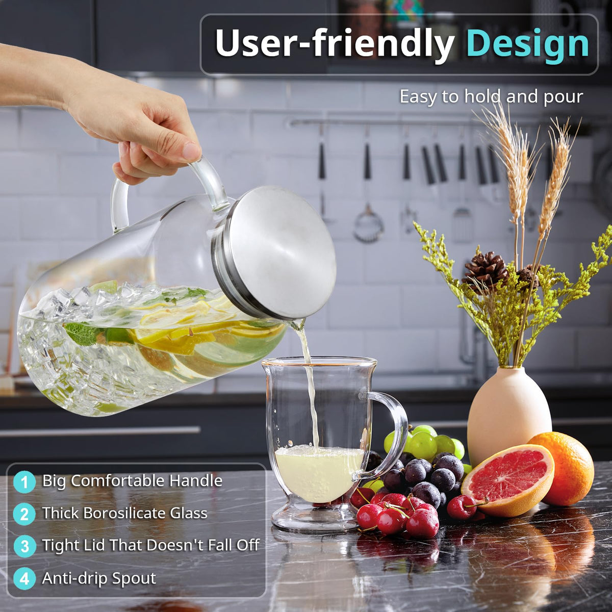 Bivvclaz pitcher handle side showing comfortable grip for easy pouring