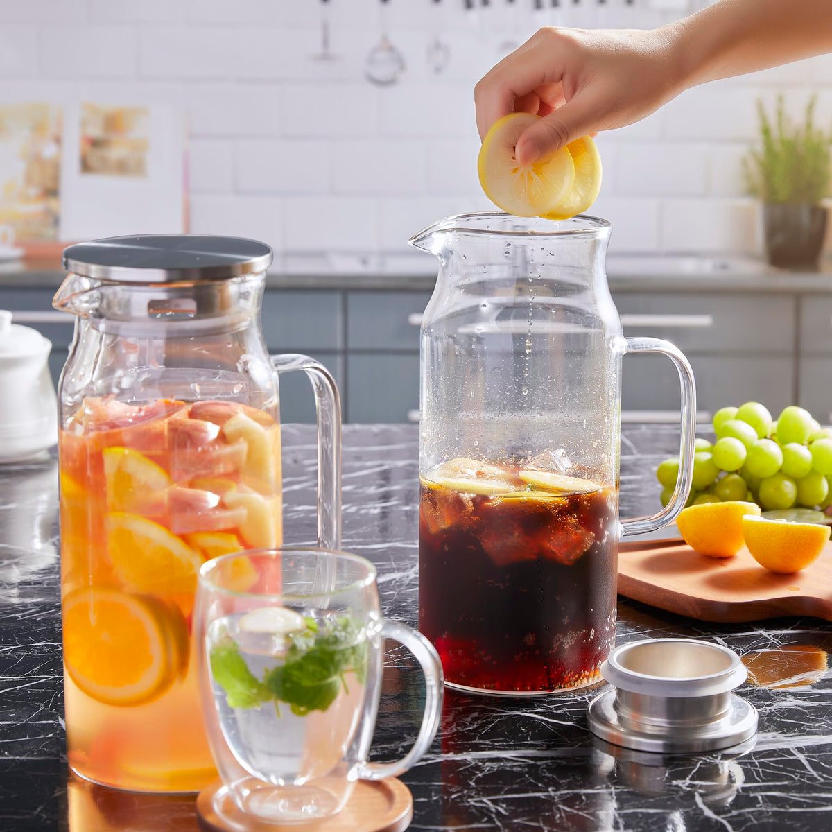 Bivvclaz pitcher with smooth grip handle for comfortable pouring.