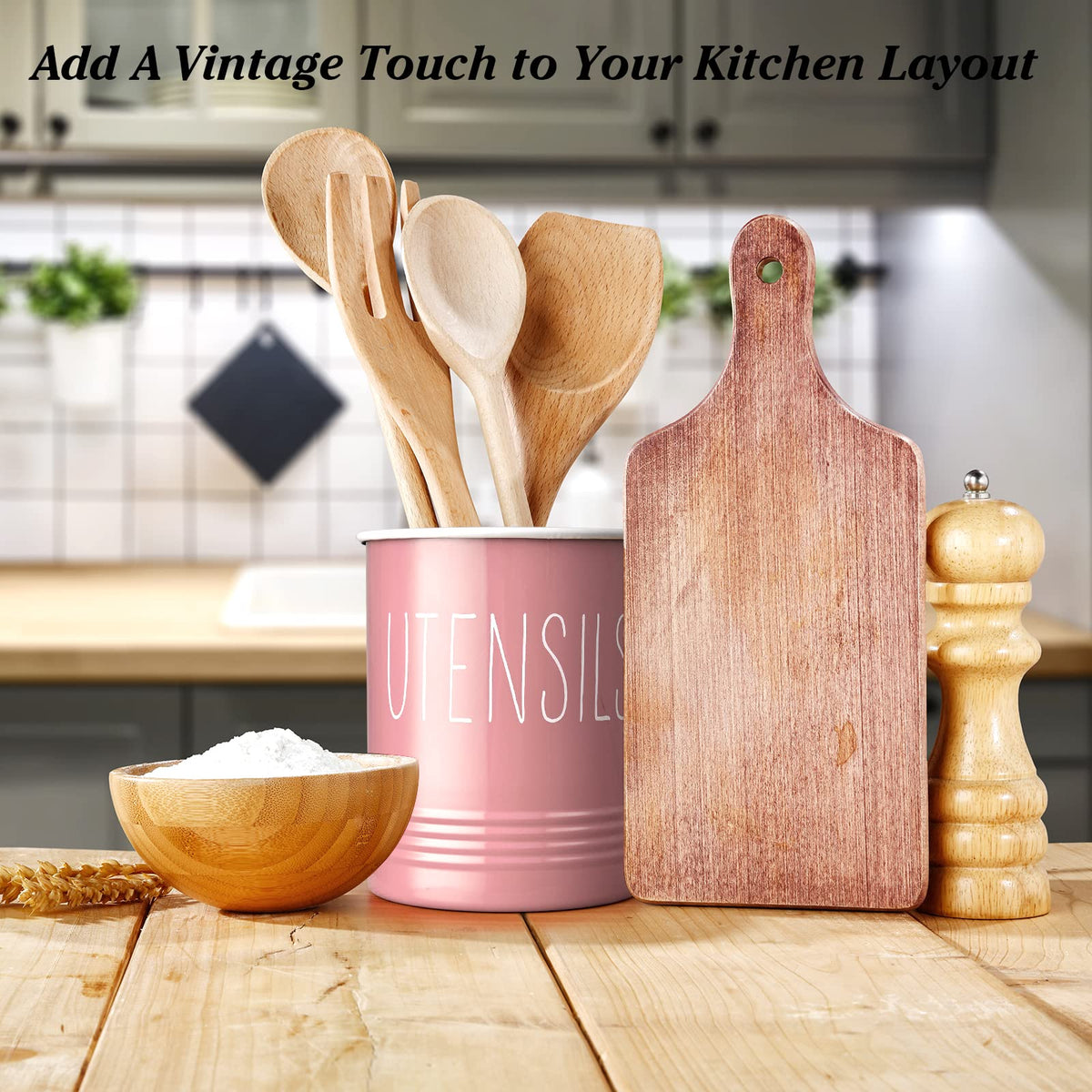 Bivvclaz pink decor utensil holder adds vintage charm to your kitchen.